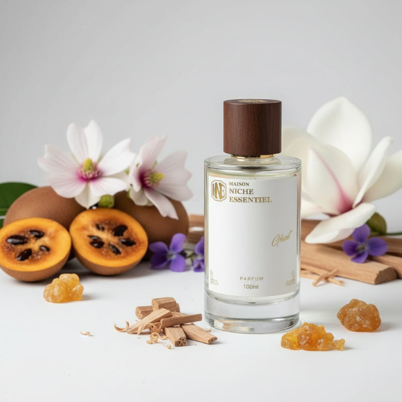 Clear glass perfume bottle labeled 'Maison Niche Essentiel Ghost' with a gold cap and 100ml capacity.