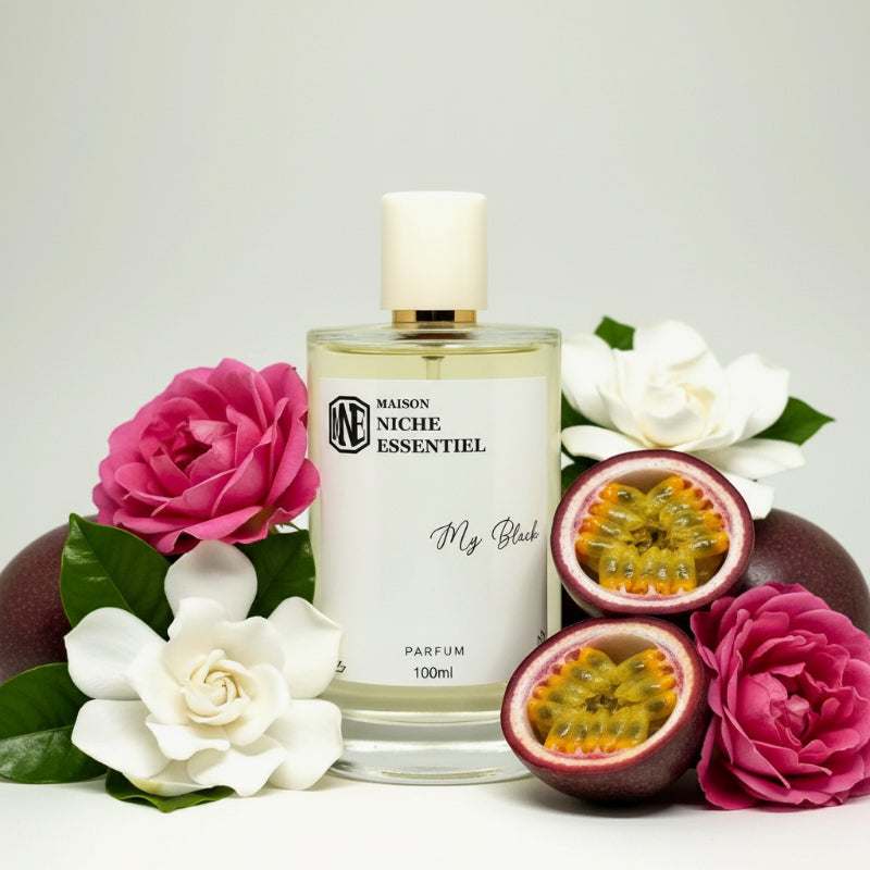 100ml bottle of Maison Niche Essentiel My Black perfume with a white label and gold cap.