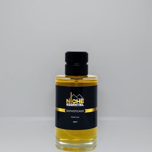 Glass perfume bottle labeled 'Niche Essentiel Sophisticado' with a black cap and yellow liquid inside.