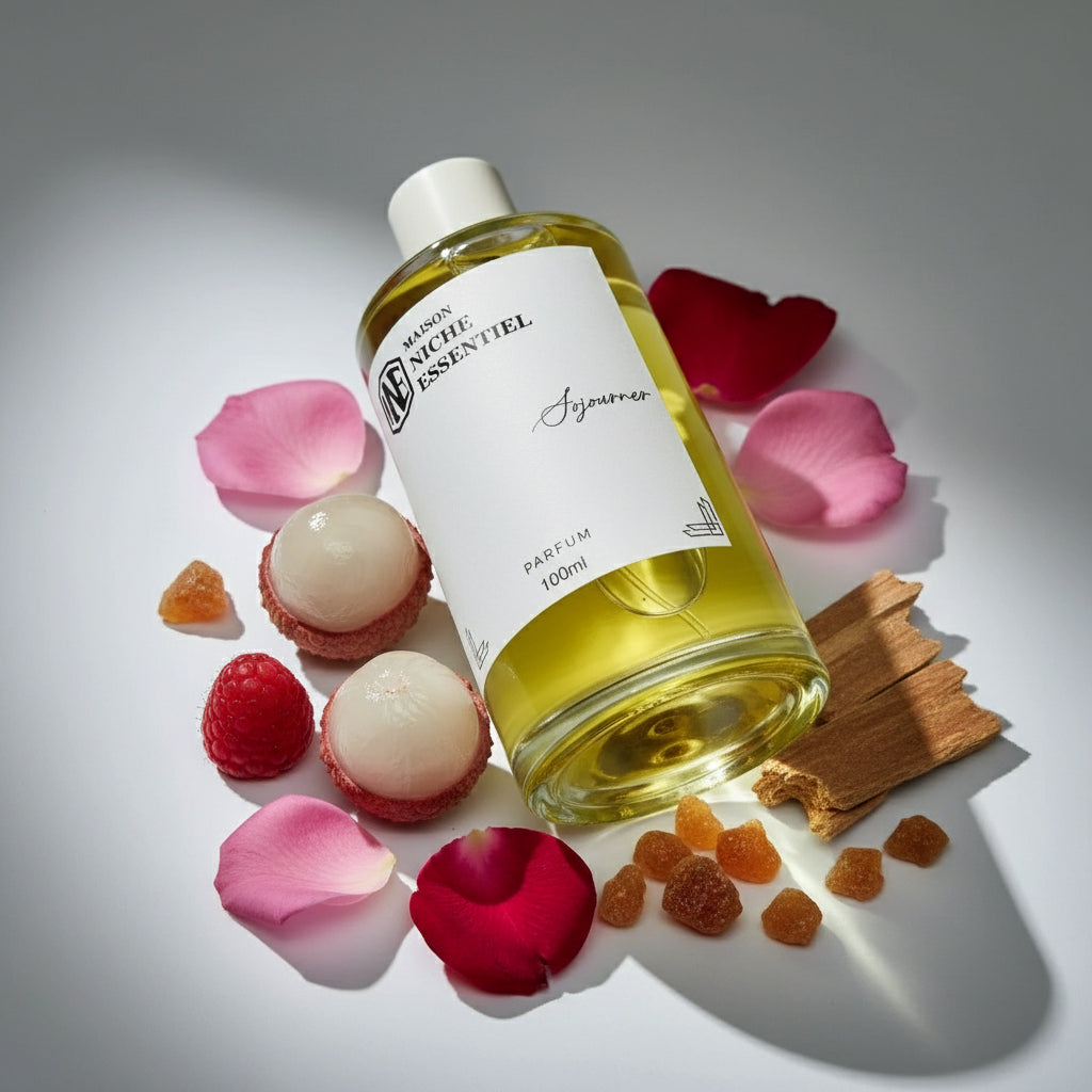 Transparent bottle of Maison Niche Essentiel perfume with a white label and yellow liquid inside.