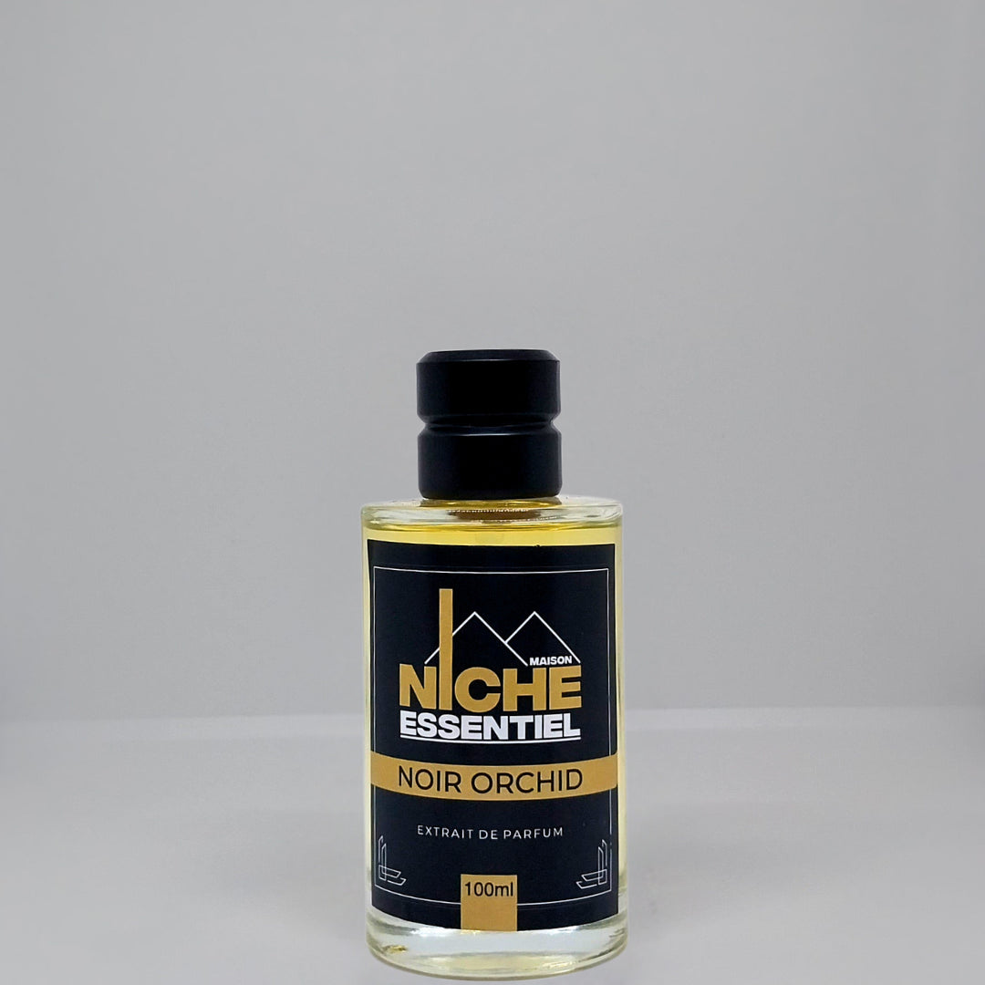 100ml bottle of Noir Orchid perfume from Niche Essentiel with a black cap and label.