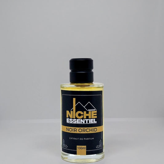 100ml bottle of Noir Orchid perfume from Niche Essentiel with a black cap and label.