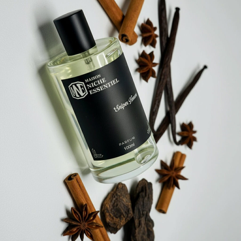 100ml bottle of Maison Niche Essentiel Spire Homme perfume with a black label.