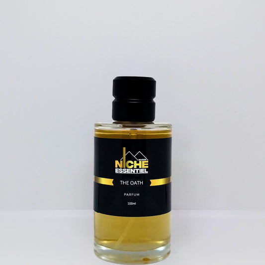 100ml bottle of The Oath perfume by Niche Essentiel with a black label.