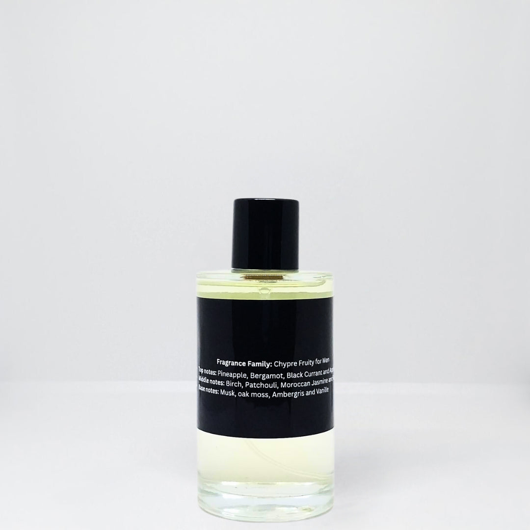 Clear glass bottle of Chypre fruity fragrance with a black cap and label detailing ingredients.