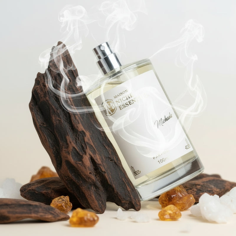 Clear glass perfume bottle labeled Maison Niche Essentiel Michael with a silver spray nozzle.